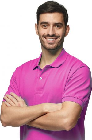 Portrait Of Young European Caucasian Man Isolated On Gray Background, Standing In Blue Polo Shirt With Crossed Arms, Smiling And Looking At Camera